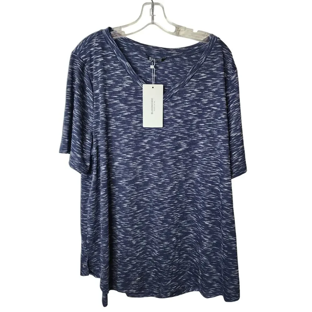 BloomChic 2X Marled V-Neck Tee, NWT, Navy Blue
